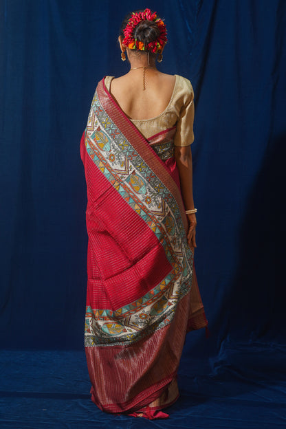 Red Natural Moonga Georgette Saree with Handloom Border