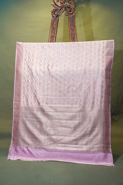 VIRASAT 342: Banarasi Baby Pink Tissue Silk Handwork Saree With Love Bord Motif