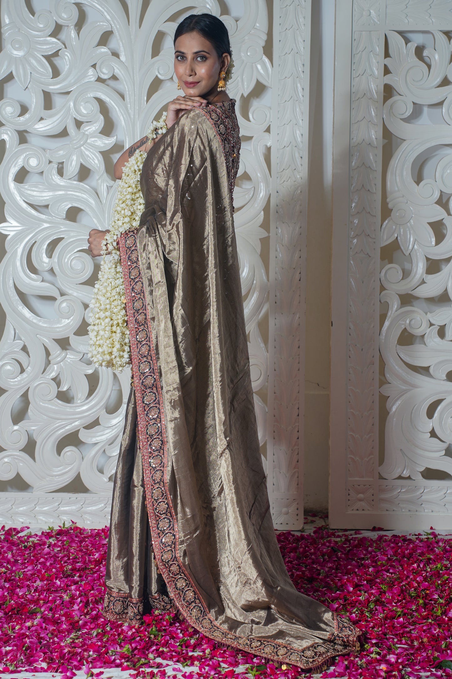 Grey Banarasi Silk Saree with embroidery