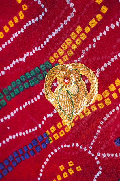 ODHANA 018 Deep Red with Multicolor Traditional Marwari Bandhani Khaddi Georgette Odhana with Zari Border