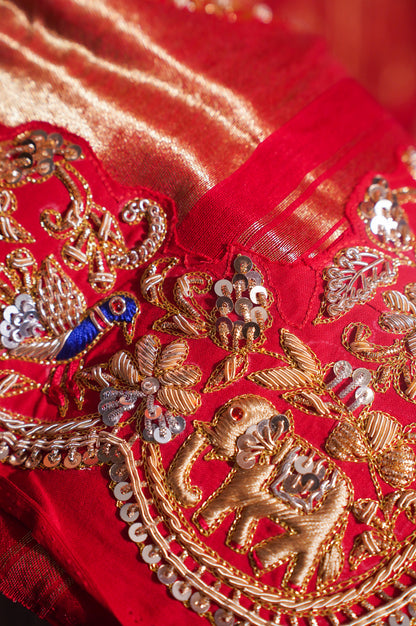ODHANA 007: Pure Red &amp; Orange Pure Gajji Silk Gharchola Odhana with Handworked Scallop Zari Border