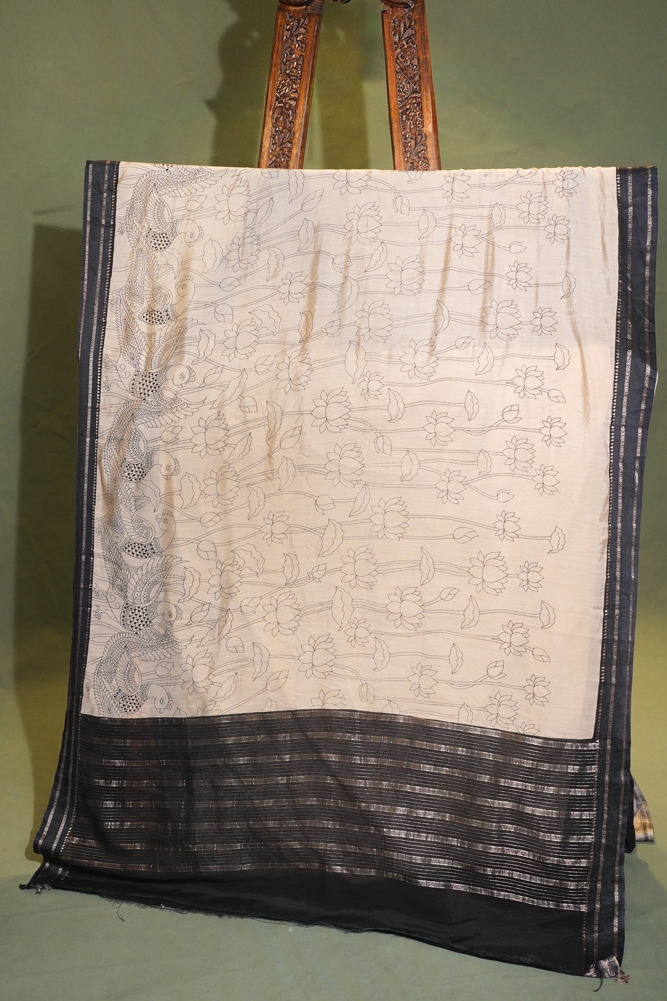 Utsav banaras 366 Cream Soft Silk Kalamkari Print Saree with Contrast Zari Palla &amp; Border