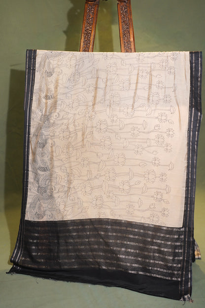 Utsav banaras 366 Cream Soft Silk Kalamkari Print Saree with Contrast Zari Palla &amp; Border