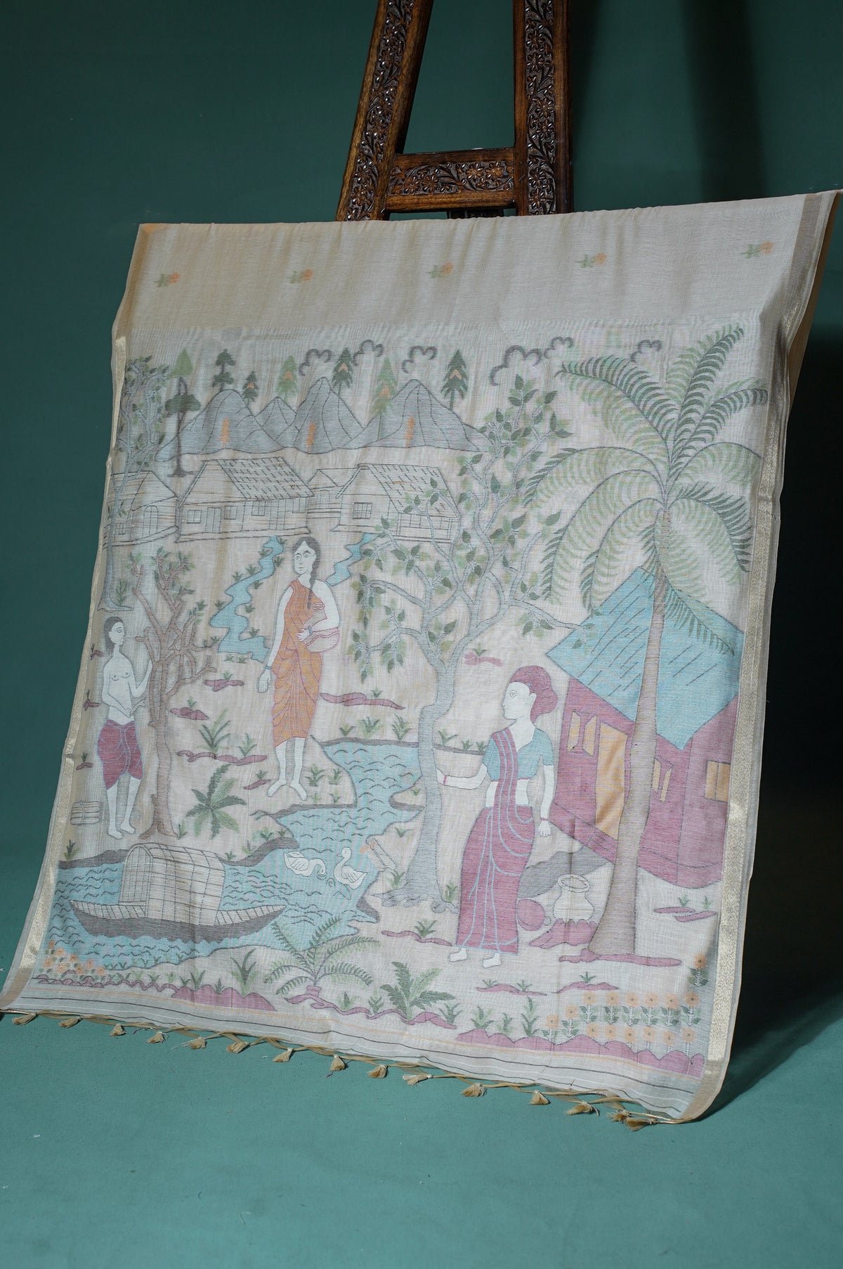 "UTSAV BANARAS 306" Banarasi Chikoo Beige Chanderi Jamdani Silk Saree with Village Narrative Pallu