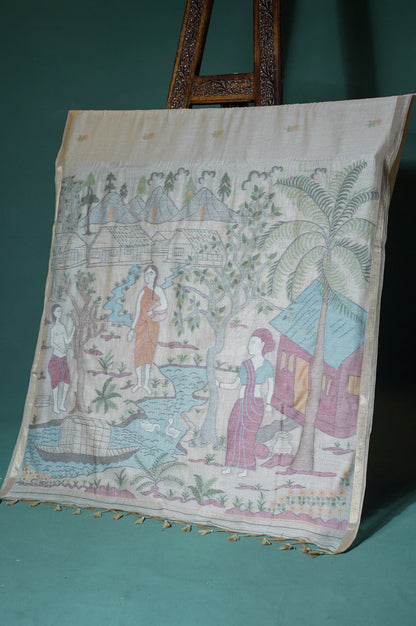 "UTSAV BANARAS 306" Banarasi Chikoo Beige Chanderi Jamdani Silk Saree with Village Narrative Pallu