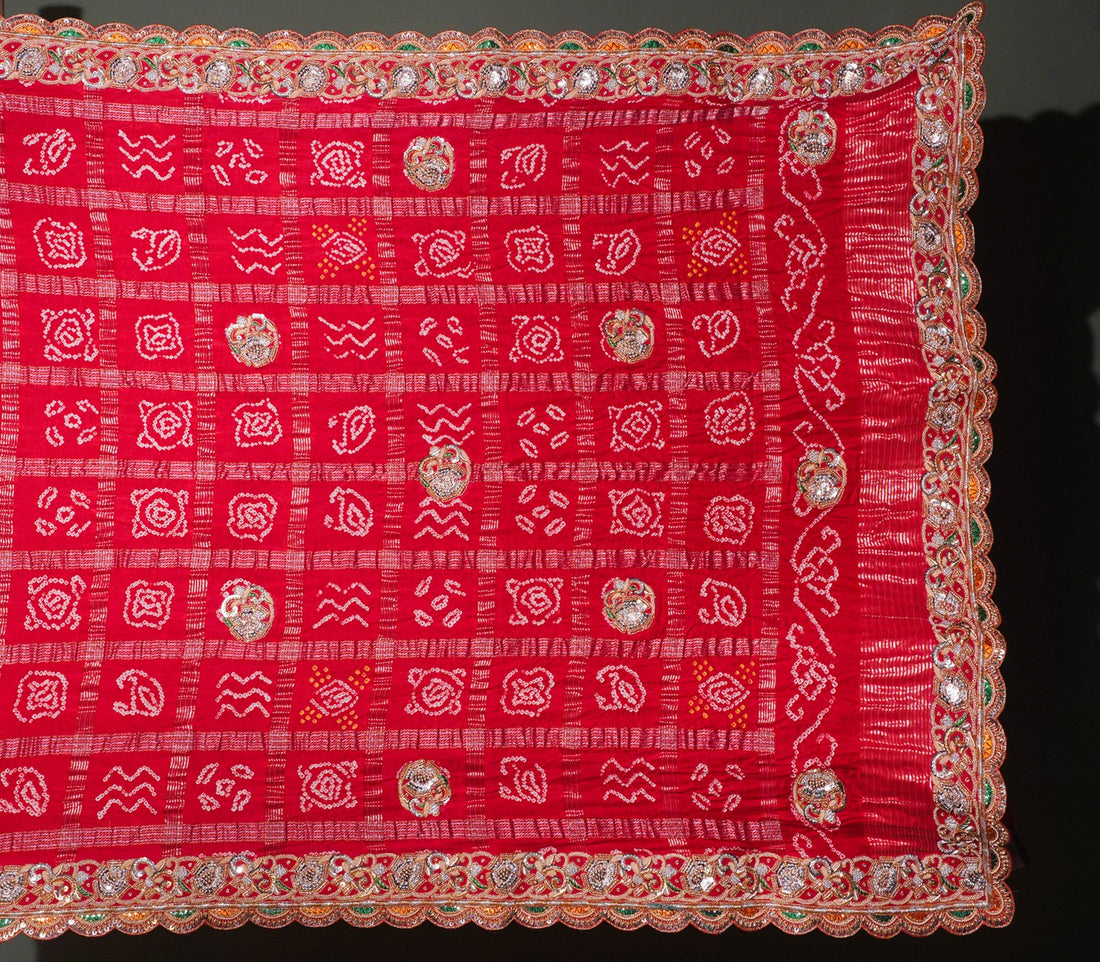 ODHANA 008: Sunhara Red Pure Gajji Silk Gharchola Odhana with Handworked Scallop Zari Border