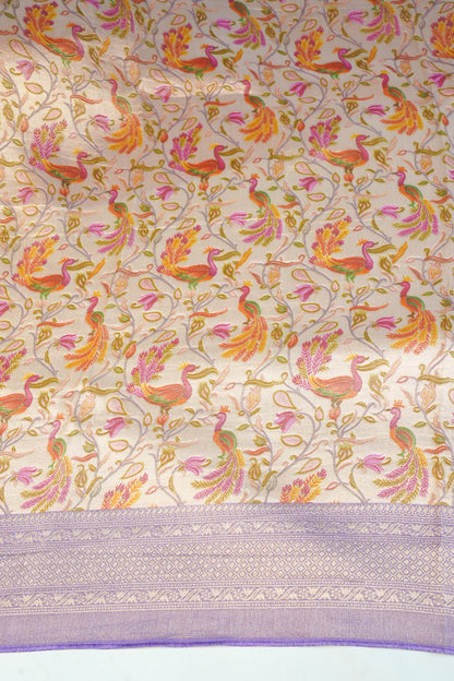 "Waah Banaras 085" Banarasi Exquisite Beige & Lavender Meenakari Pashmina Silk Saree With Bird & Floral Jaal