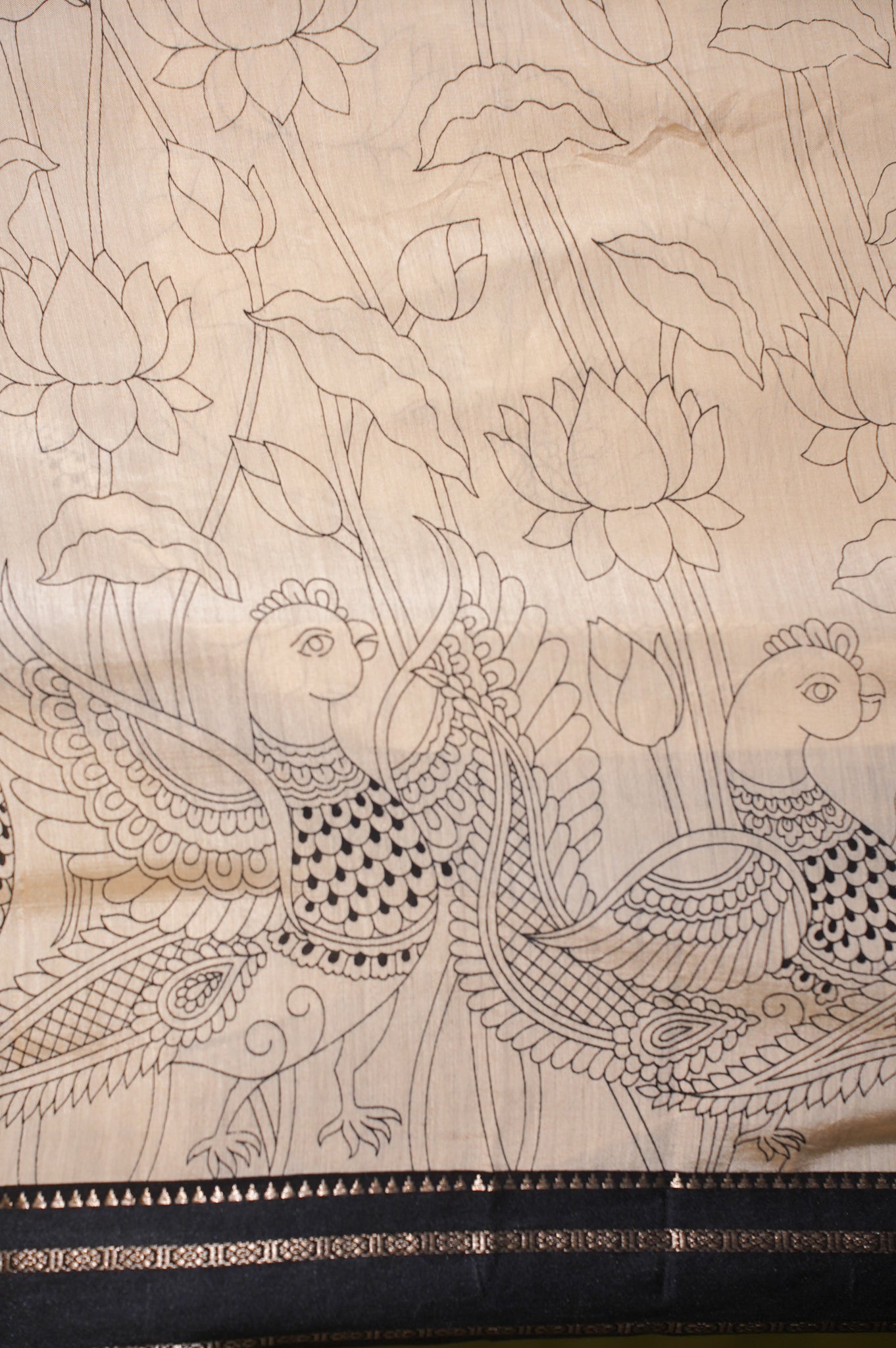 Utsav banaras 366 Cream Soft Silk Kalamkari Print Saree with Contrast Zari Palla &amp; Border