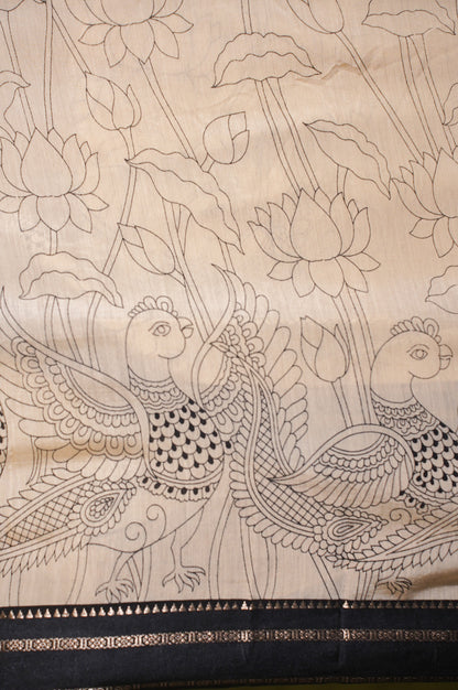 Utsav banaras 366 Cream Soft Silk Kalamkari Print Saree with Contrast Zari Palla &amp; Border
