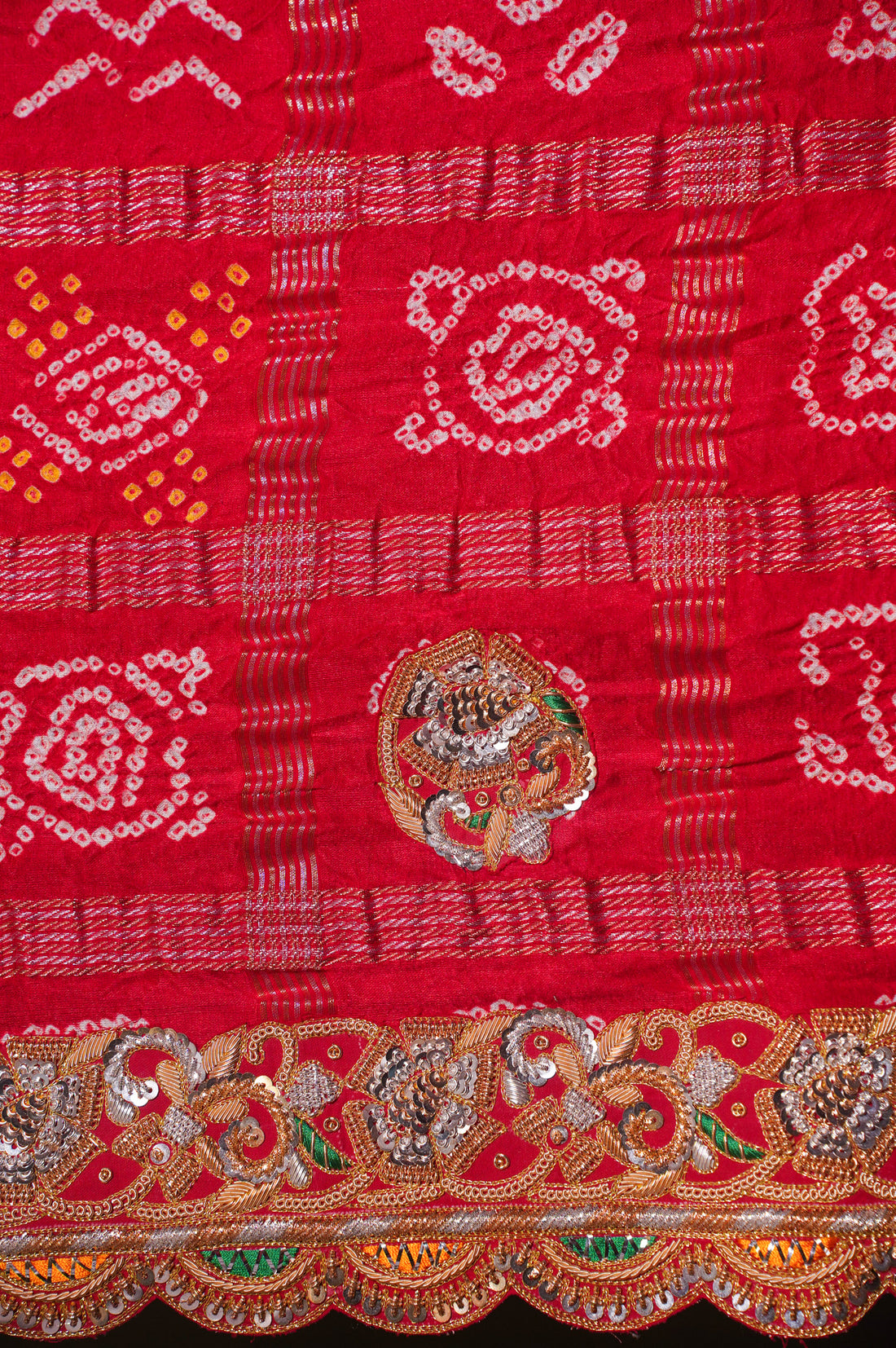 ODHANA 008: Sunhara Red Pure Gajji Silk Gharchola Odhana with Handworked Scallop Zari Border