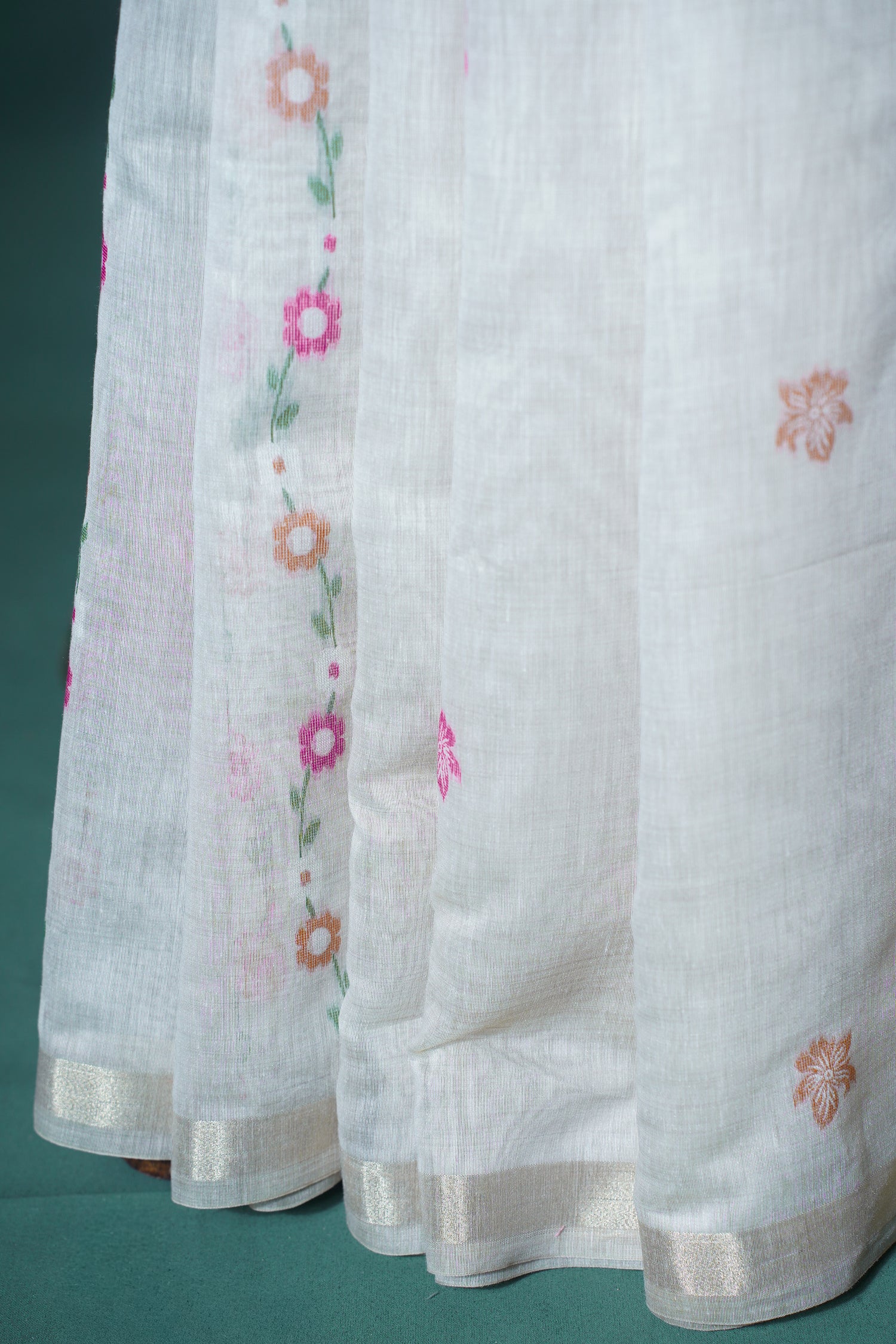 "UTSAV BANARAS 299" Banarasi Cream Chanderi Jamdani Silk Saree with Multi-Color Floral Pallu