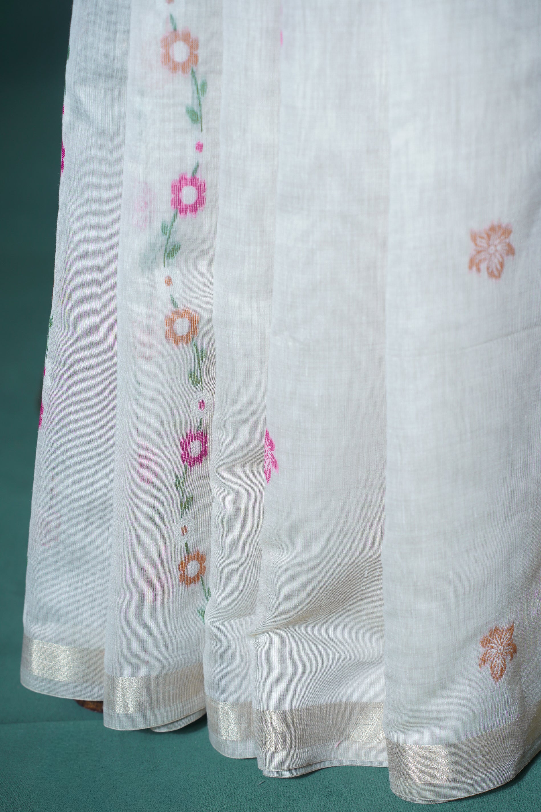 "UTSAV BANARAS 299" Banarasi Cream Chanderi Jamdani Silk Saree with Multi-Color Floral Pallu