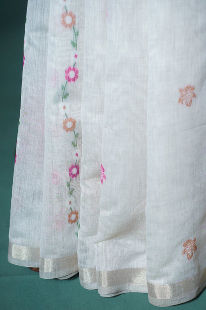 "UTSAV BANARAS 299" Banarasi Cream Chanderi Jamdani Silk Saree with Multi-Color Floral Pallu