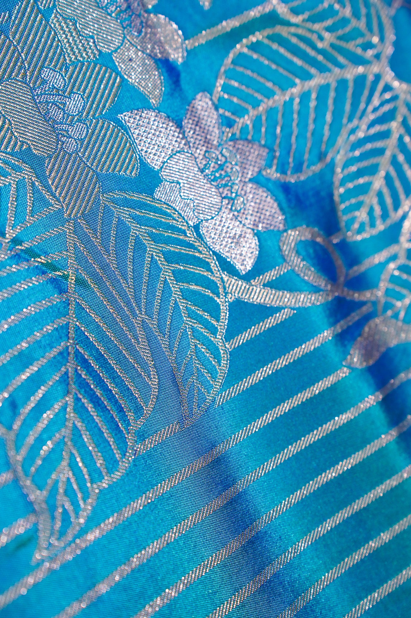 FOUNDER CHOICE 047: Turquoise Blue Katan Silk Saree with Silver Zari Floral Vine &amp; Stripe Design