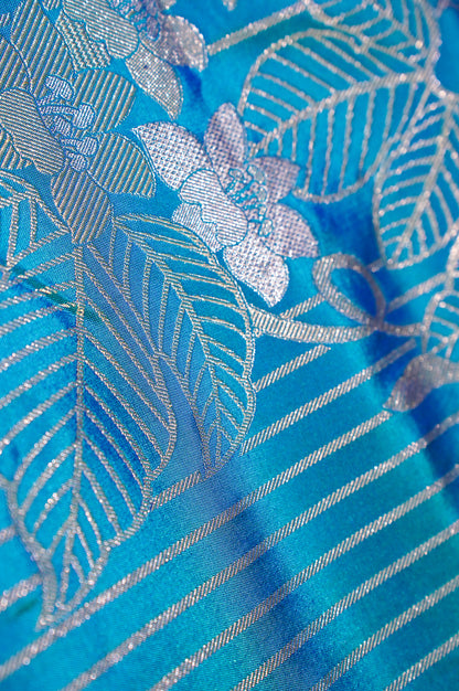 FOUNDER CHOICE 047: Turquoise Blue Katan Silk Saree with Silver Zari Floral Vine &amp; Stripe Design