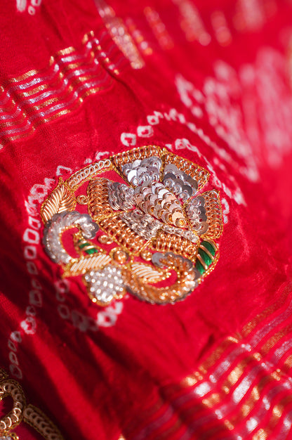 ODHANA 008: Sunhara Red Pure Gajji Silk Gharchola Odhana with Handworked Scallop Zari Border