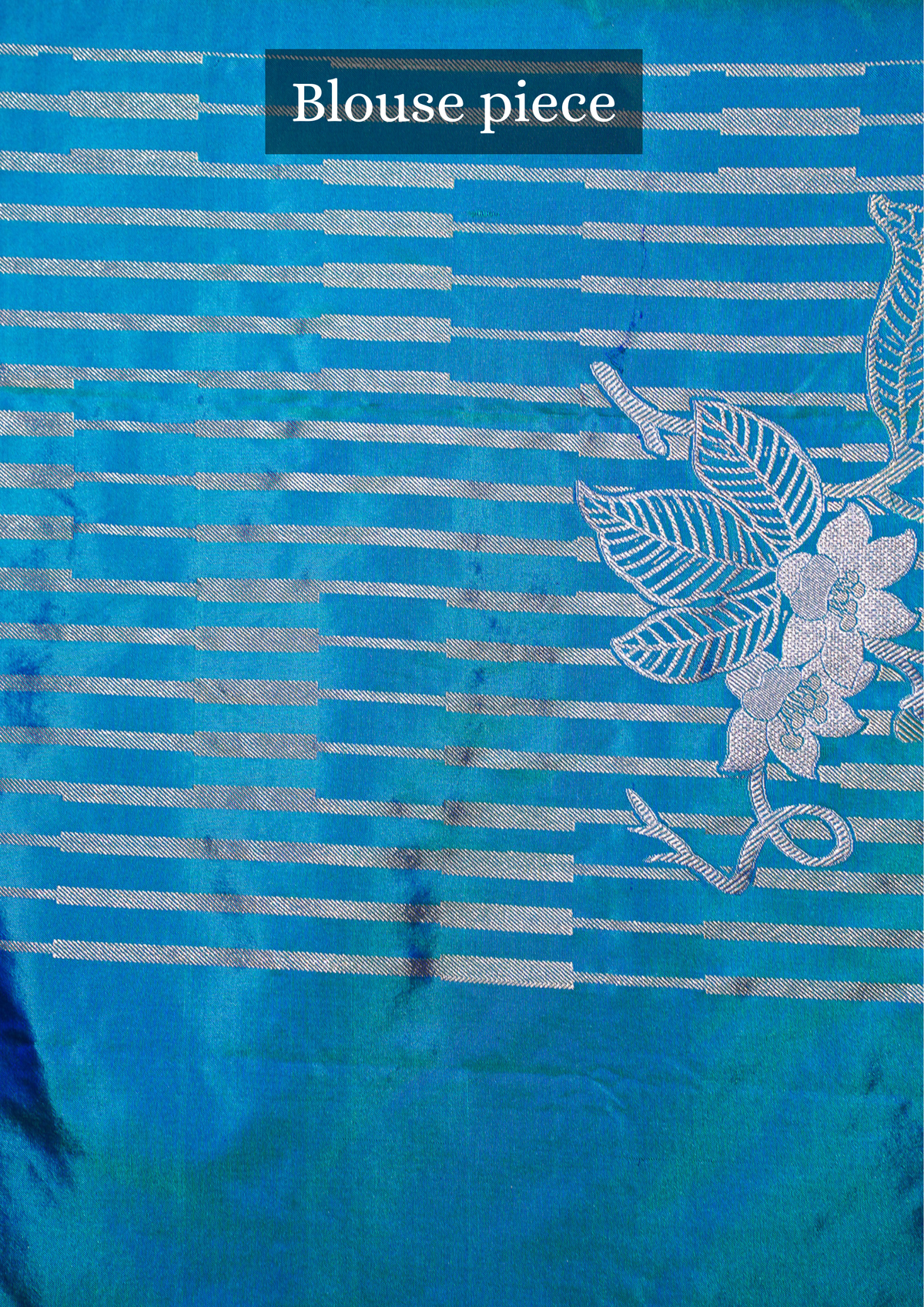 FOUNDER CHOICE 047: Turquoise Blue Katan Silk Saree with Silver Zari Floral Vine &amp; Stripe Design
