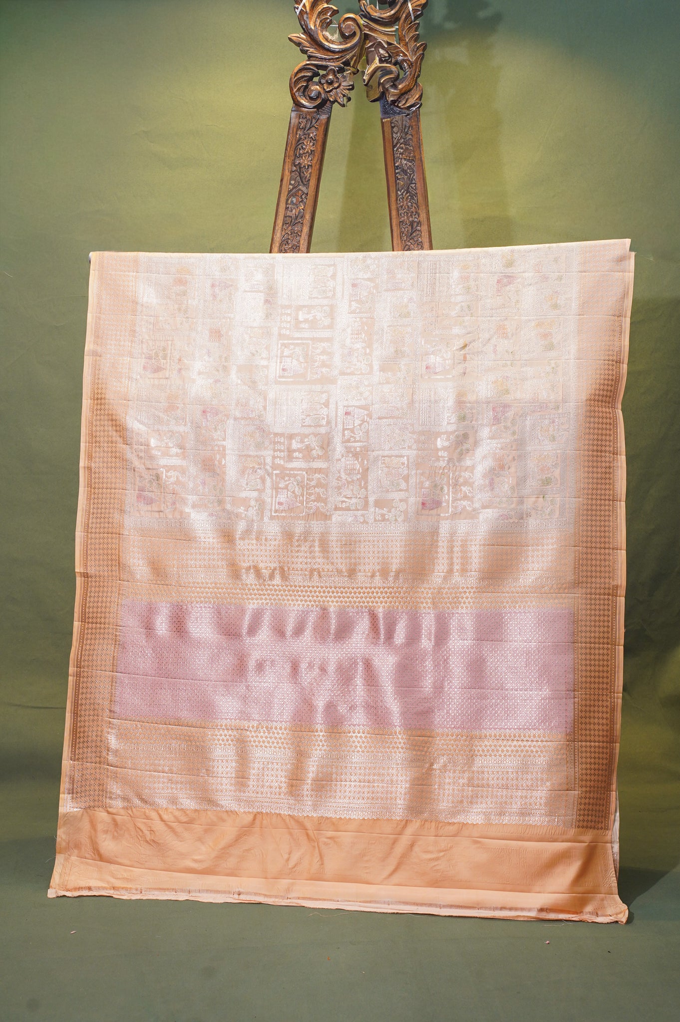 VIRASAT 337: Pastel Orange Pure Handloom Katan Silk Saree with Zari Shikargah &amp; Meenakari Work - Silk Mark Certified