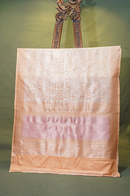 VIRASAT 337: Pastel Orange Pure Handloom Katan Silk Saree with Zari Shikargah &amp; Meenakari Work - Silk Mark Certified