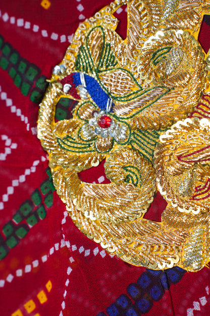 ODHANA 017: Classic Auspicious Red with Multicolor Traditional Marwari Bandhani Khaddi Georgette Odhana with Zari Work Border