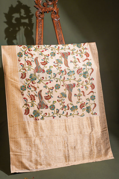 Waah Banaras 129 Beautiful Cream Banarasi Silk Saree with Kalamkari Meenakari Art