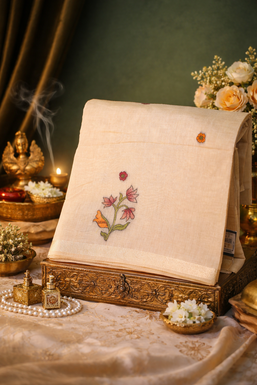 UTSAV BANARAS 331: Khaki Raw Silk Saree with Handwoven Elephant &amp; Floral Pallu