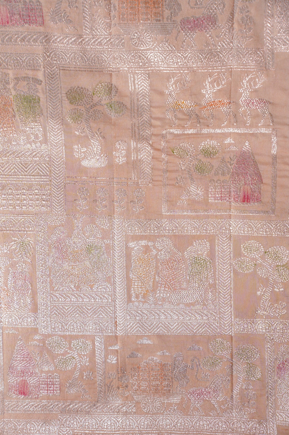 VIRASAT 337: Pastel Orange Pure Handloom Katan Silk Saree with Zari Shikargah &amp; Meenakari Work - Silk Mark Certified