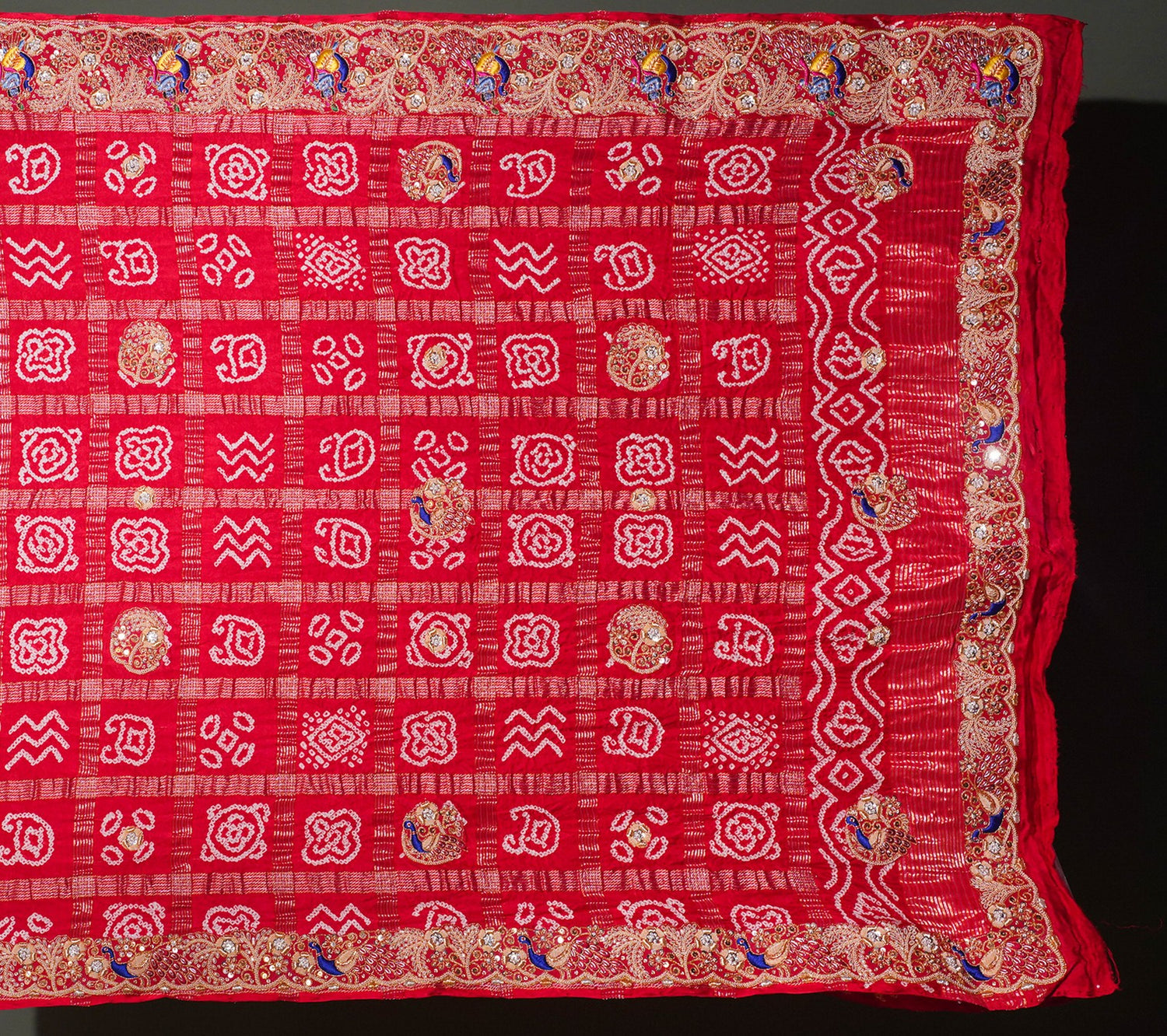 ODHANA 009: Sunhara Laal Pure Gajji Silk Gharchola Odhana with Handworked Scallop Zari Border