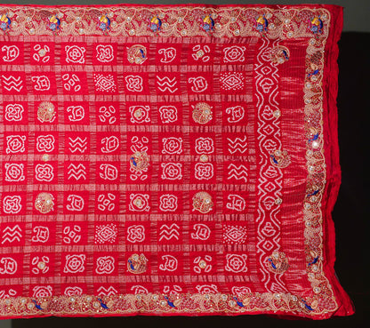 ODHANA 009: Sunhara Laal Pure Gajji Silk Gharchola Odhana with Handworked Scallop Zari Border