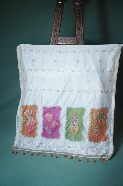 "UTSAV BANARAS 299" Banarasi Cream Chanderi Jamdani Silk Saree with Multi-Color Floral Pallu