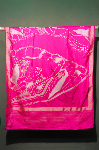 FOUNDER CHOICE 048: Exquisite Vibrant Pink Pure Handloom Katan Silk Saree with Abstract Gold &amp; Silver Zari Artistry