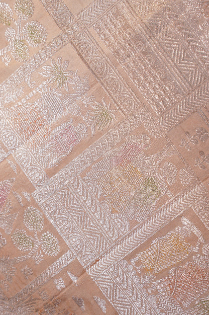 VIRASAT 337: Pastel Orange Pure Handloom Katan Silk Saree with Zari Shikargah &amp; Meenakari Work - Silk Mark Certified