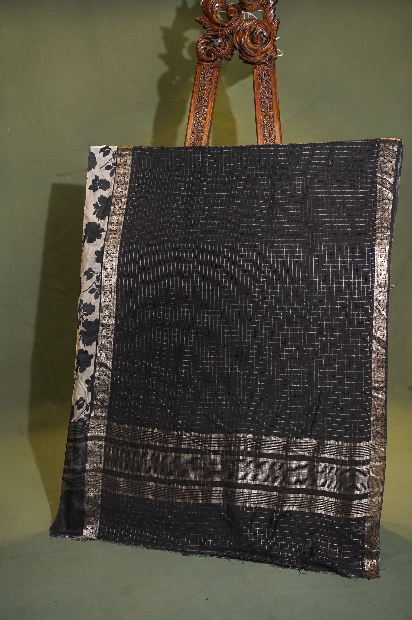 Utsav Banaras 317 Black Raw Silk Saree with Zari Checks &amp; Floral Border