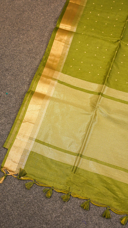 "UTSAV BANARAS 122" Banarasi Light Olive Raw Chanderi Buti Silk Saree