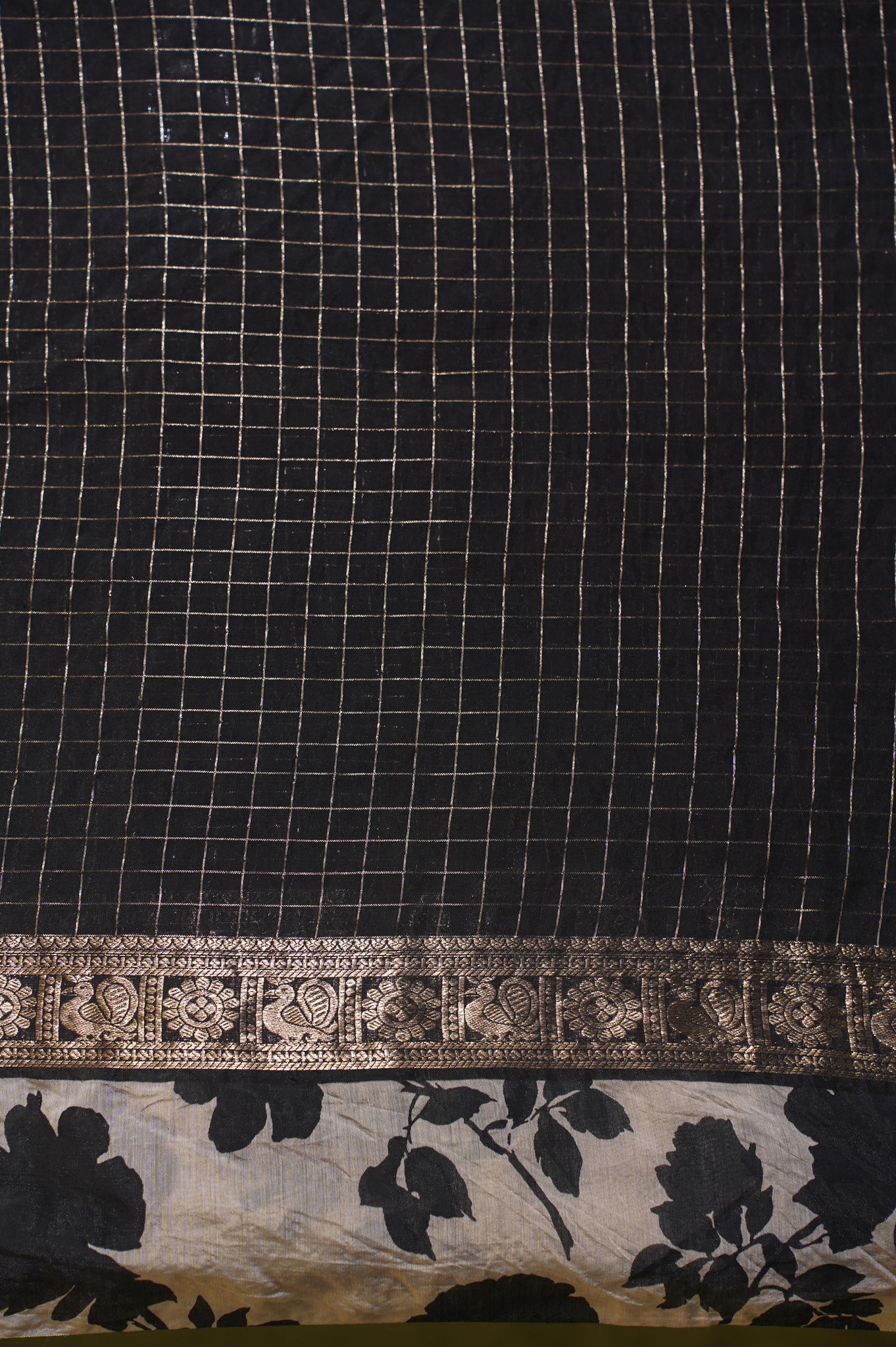 Utsav Banaras 317 Black Raw Silk Saree with Zari Checks &amp; Floral Border