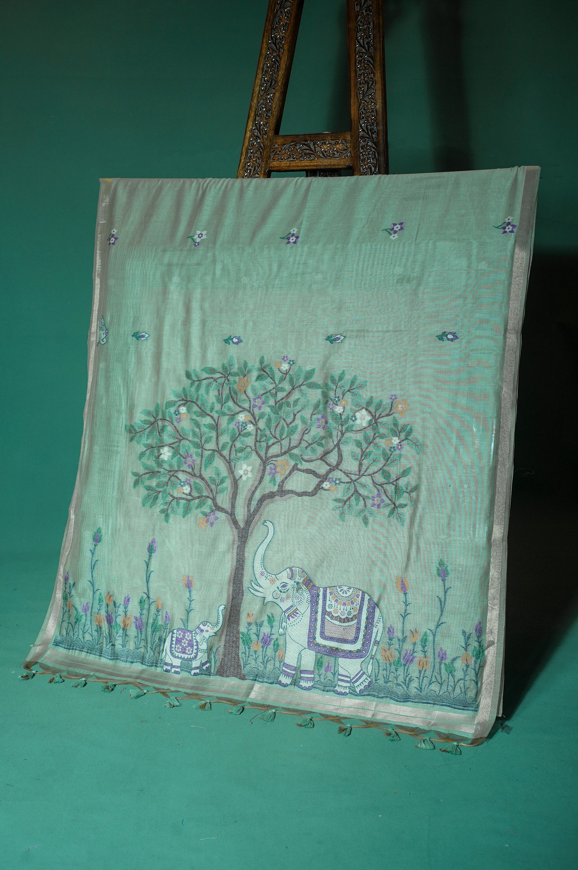 "UTSAV BANARAS 300" Banarasi Pista Chanderi Jamdani Silk Saree with Elephant Narrative Pallu