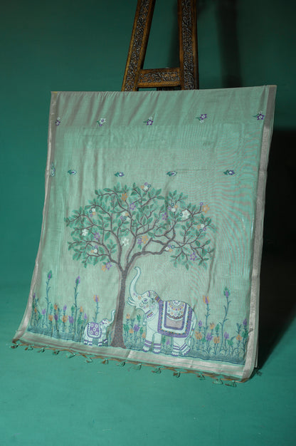 "UTSAV BANARAS 300" Banarasi Pista Chanderi Jamdani Silk Saree with Elephant Narrative Pallu