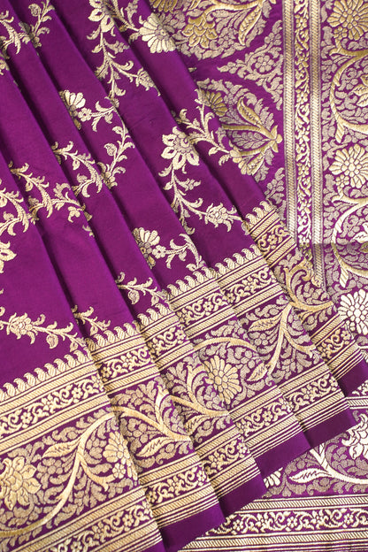 "Waah Banaras 065A" Banarasi Satan Silk Saree With Golden Zari Floral Weaving & Rich Border