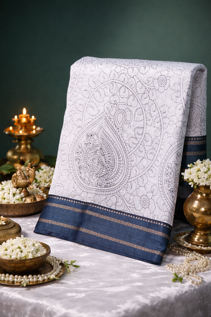 UTSAV BANARAS 348: Graceful Off White Munga Silk Saree with Artistic Print &amp; Satin Zari Patta Border