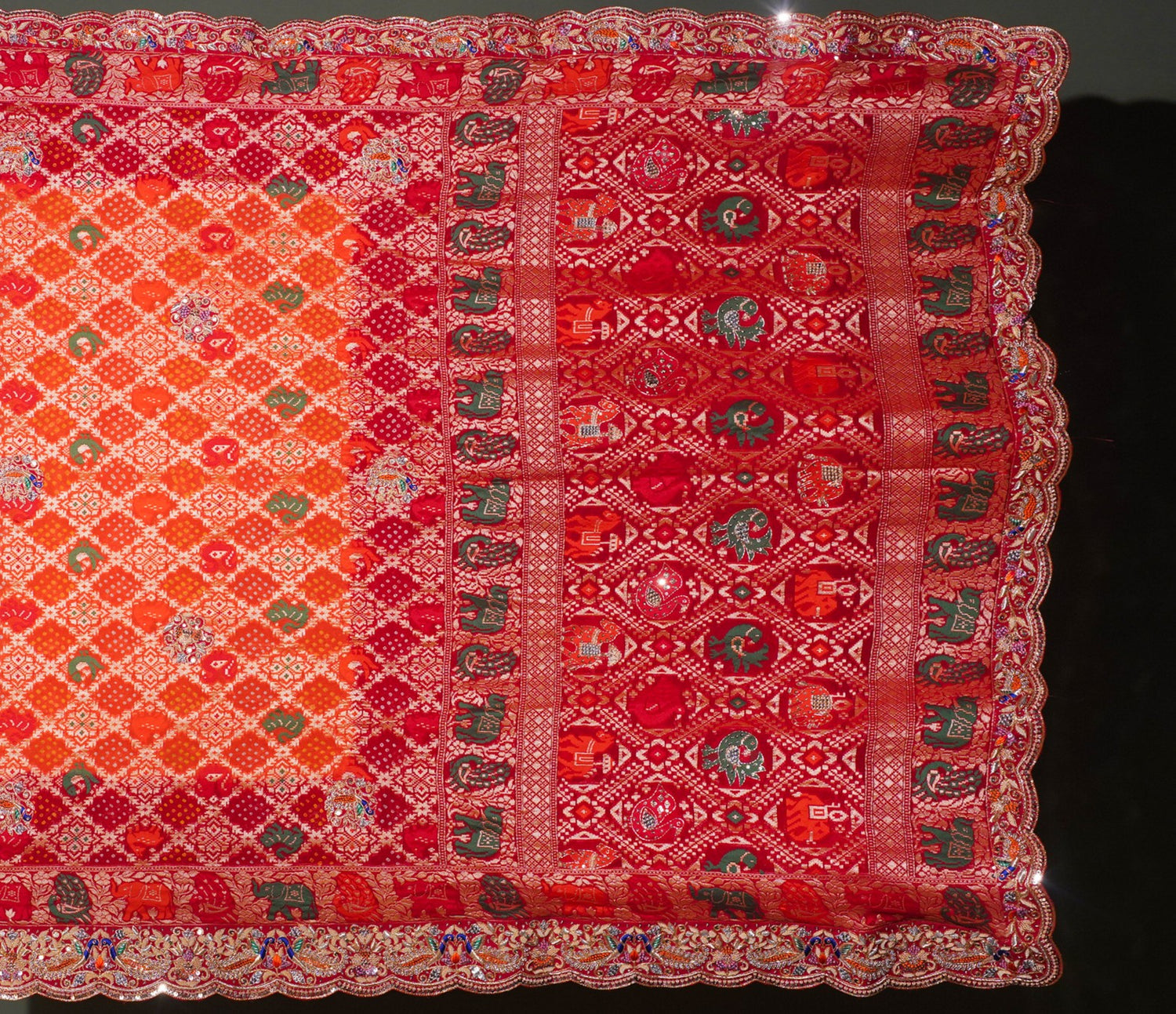 ODHANA 010: Bold Red &amp; Orange Handcrafted Bandhani Pure Khaddi Georgette Odhana with Zari Scallop Border