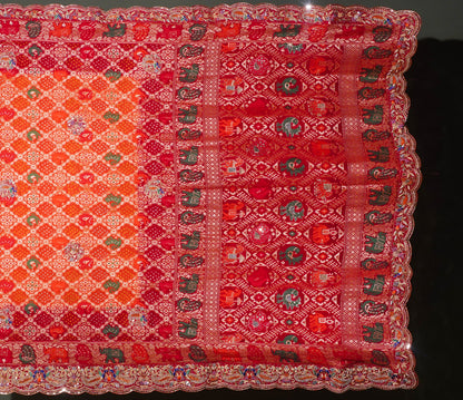ODHANA 010: Bold Red &amp; Orange Handcrafted Bandhani Pure Khaddi Georgette Odhana with Zari Scallop Border