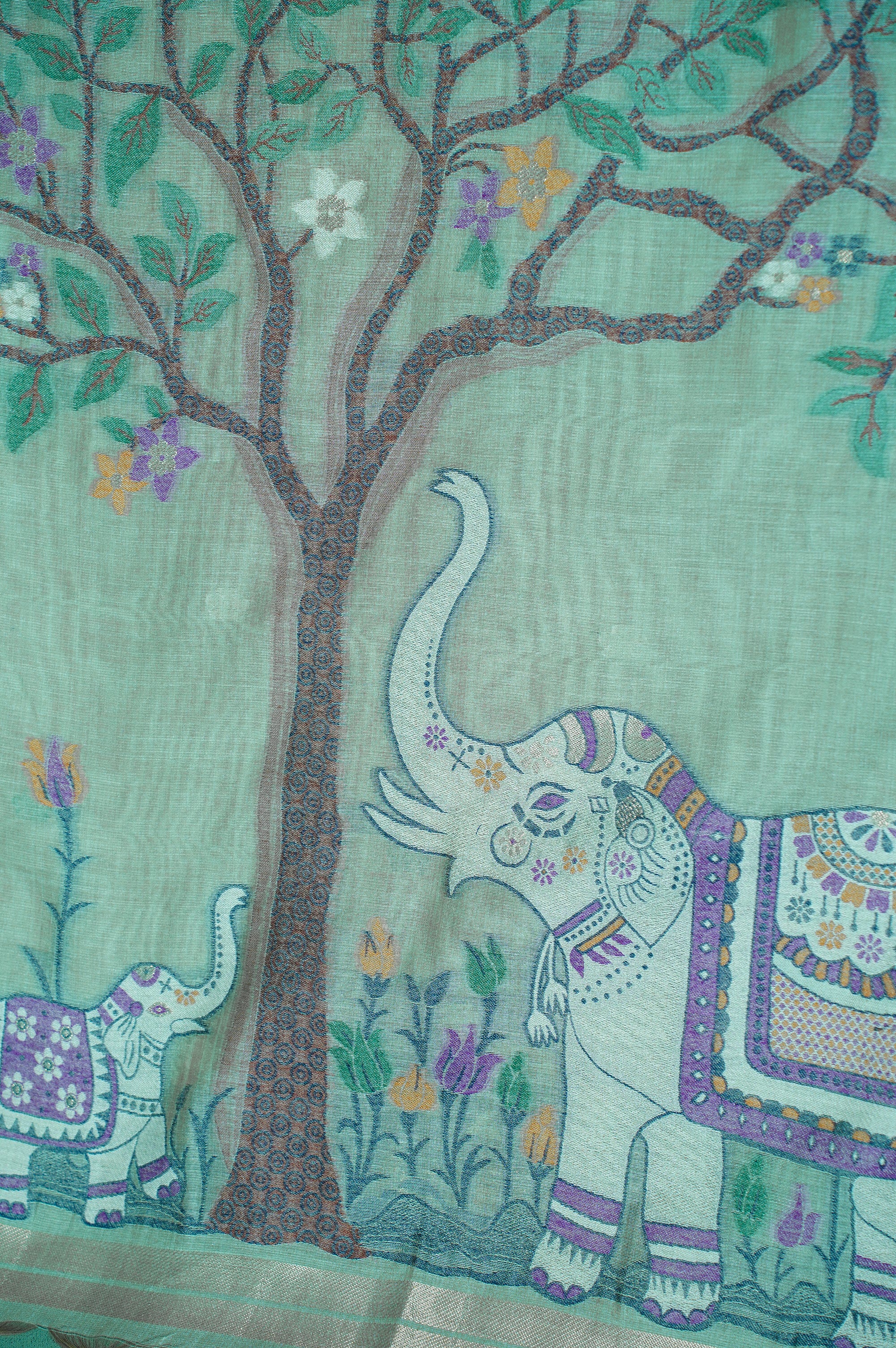 "UTSAV BANARAS 300" Banarasi Pista Chanderi Jamdani Silk Saree with Elephant Narrative Pallu