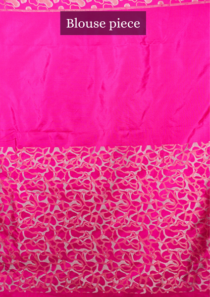 FOUNDER CHOICE 048: Exquisite Vibrant Pink Pure Handloom Katan Silk Saree with Abstract Gold &amp; Silver Zari Artistry