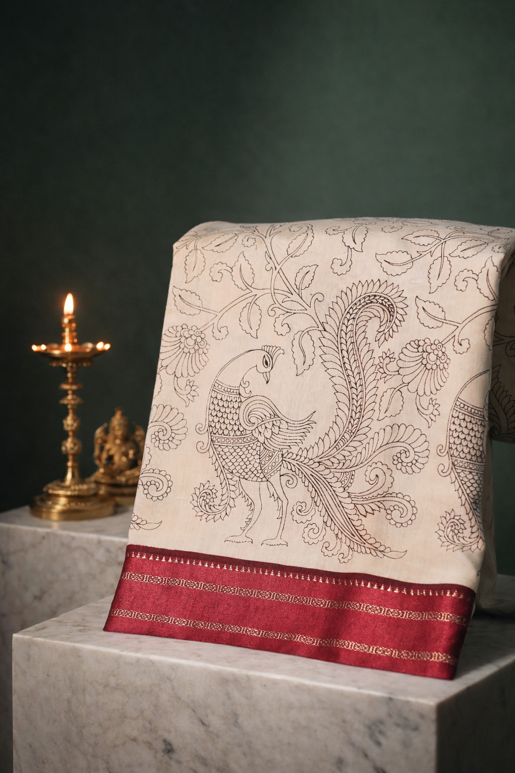 UTSAV BANARAS 335: Graceful Ivory Munga Silk Saree with Artistic Print &amp; Satin Zari Patta Border