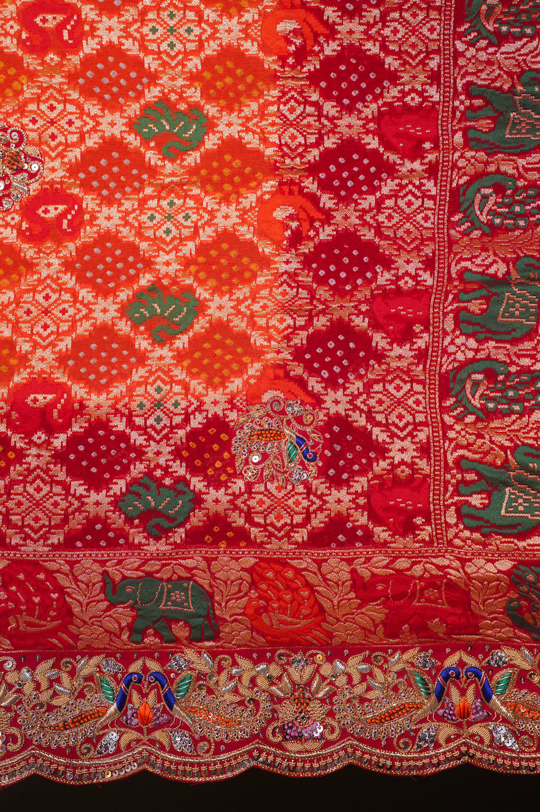 ODHANA 010: Bold Red &amp; Orange Handcrafted Bandhani Pure Khaddi Georgette Odhana with Zari Scallop Border