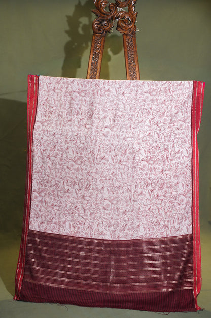 Utsav banaras 365 White Soft Silk Kalamkari Print Saree with Contrast Zari Palla &amp; Border
