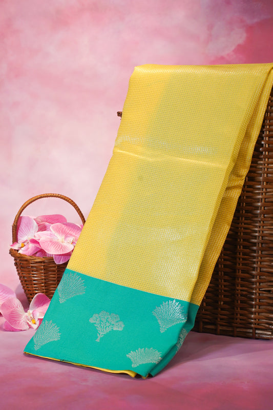 "Utsav Banaras 040A" Banarasi Tanchoi Silk Saree in Yellow & Rama Green with Silver Zari Motifs