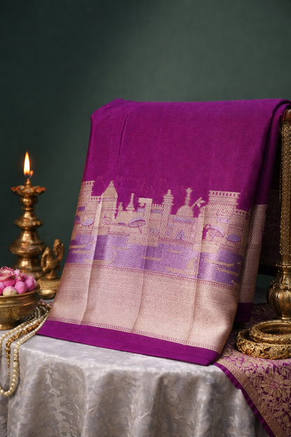UTSAV BANARAS 003I: Banarasi Raw Silk Saree with Silver &amp; Gold Zari In Magenta