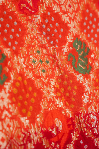 ODHANA 010: Bold Red &amp; Orange Handcrafted Bandhani Pure Khaddi Georgette Odhana with Zari Scallop Border