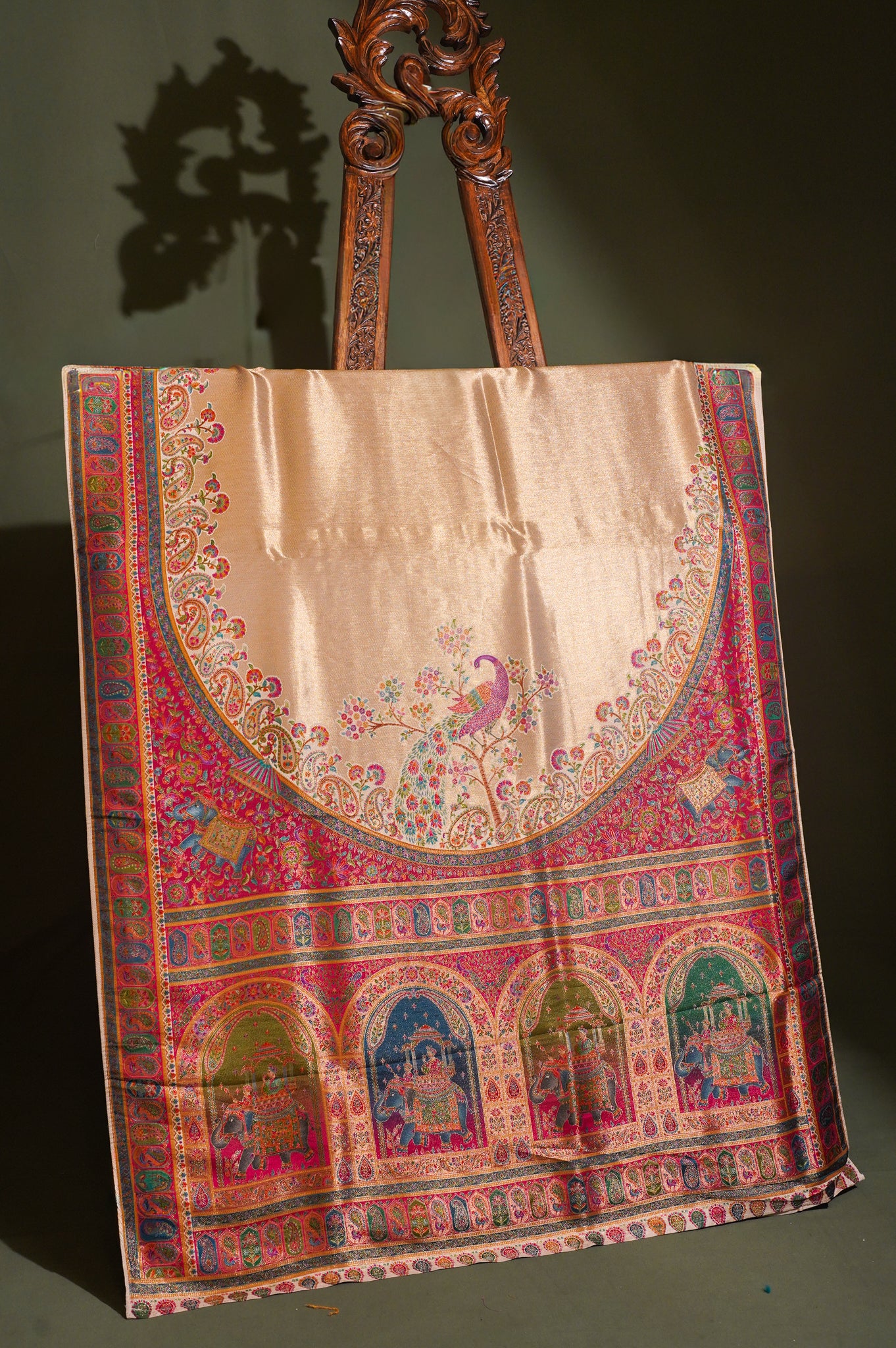 Waah Banaras 125 Golden Brocade Silk Saree with Meenakari Peacock &amp; Royal Arch Motifs